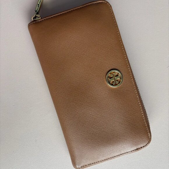 Tory Burch Continental Zip Around Wallet | Brown Brushed Saffiano Leather - Picture 2 of 5